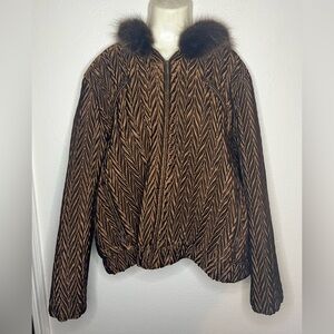 Brown Quilted zip up puffer jacket with faux fur hood